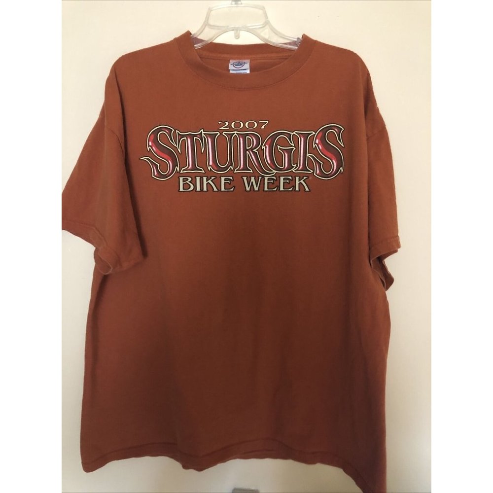 T Shirt Men XL Sturgis Black Hills Biker Rally 2007 Orange Cattle Skull & Eagle - Picture 5 of 12